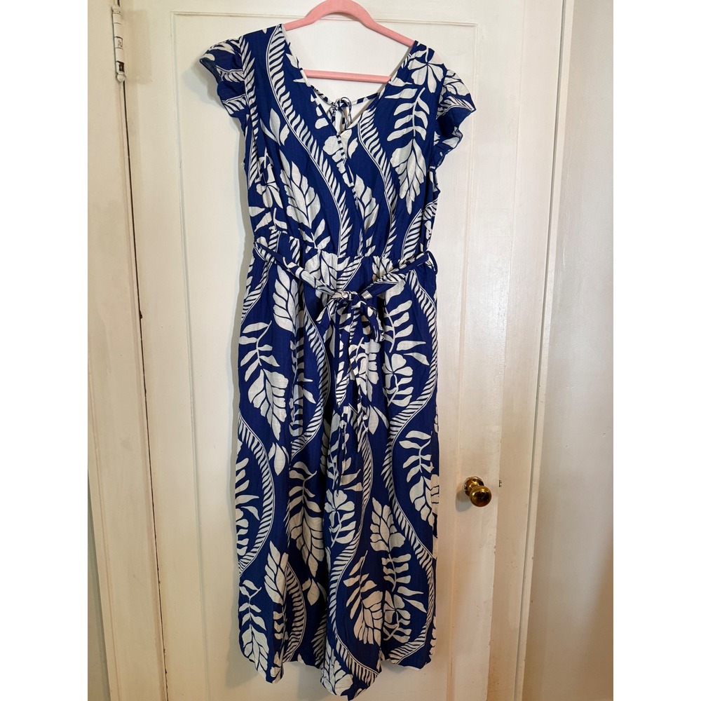 BloomChic Blue White Tropical Leaf Print Wide Leg Jumpsuit Womens 14-16 XL